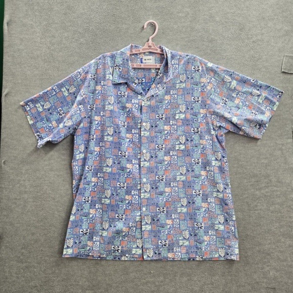 VINTAGE RJC Men Button Up Shirt Blue 2XL Floral Geometric‎ Made in Hawaii Collar